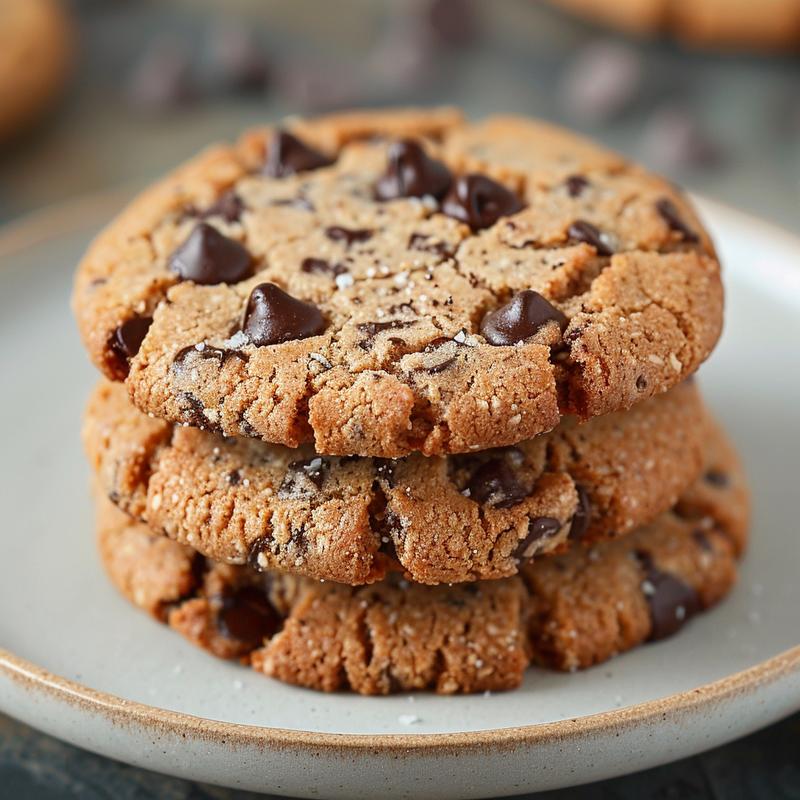 A close-up of three almond flour chocolate chip cookies stacked on a light grey ceramic plate.