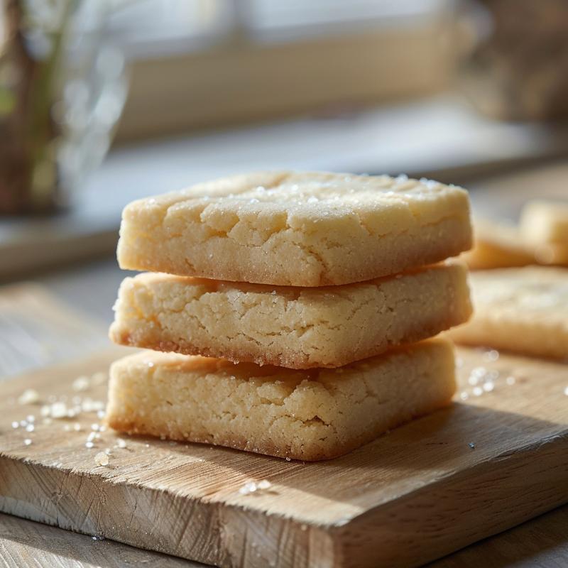 A close-up of three cut out shortbread cookies stacked on a light wood surface.