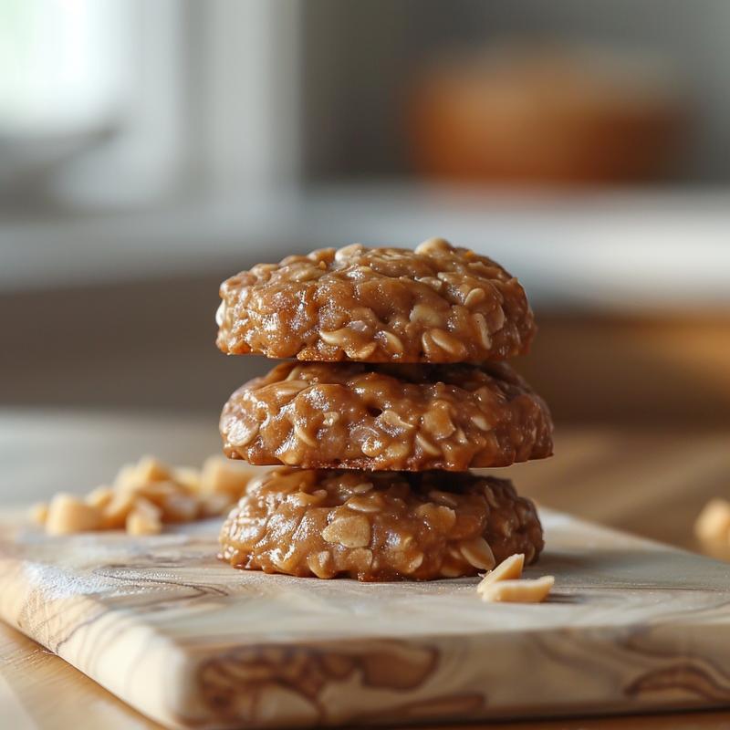 A close-up view of three stacked no bake cookies on a wooden board, highlighting their texture.