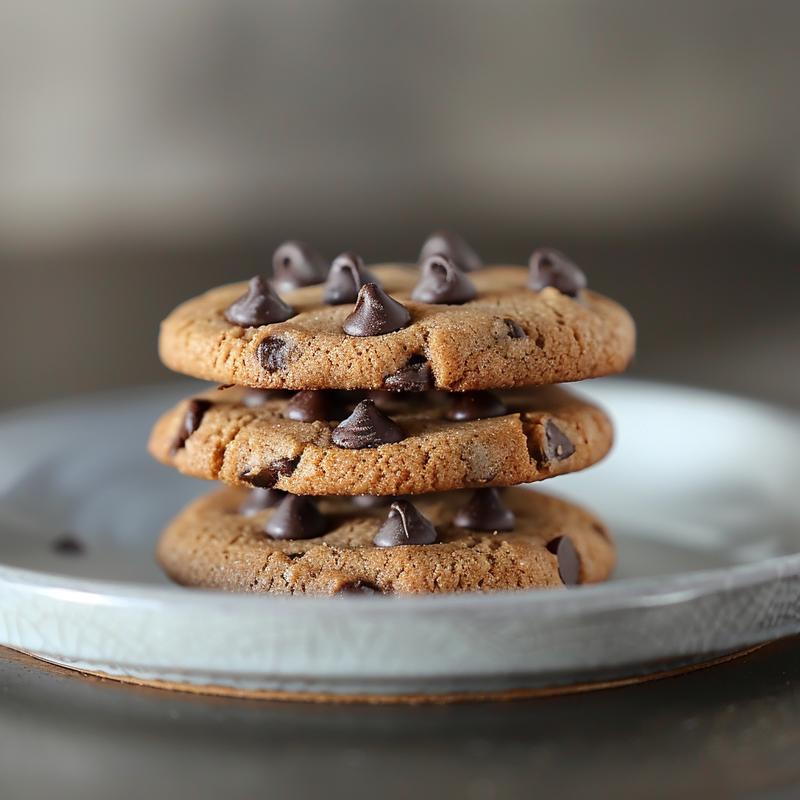 Close-up of a stack of three freshly baked chocolate chip cookies on a light grey ceramic plate.