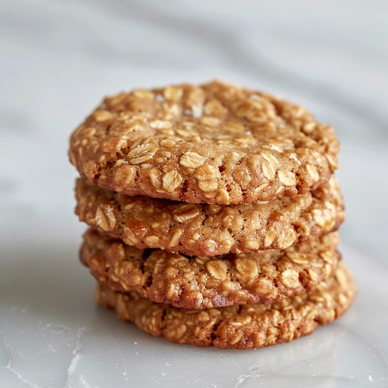 Close-up of three vegan oatmeal cookies stacked on a white marble surface, illuminated by natural light.