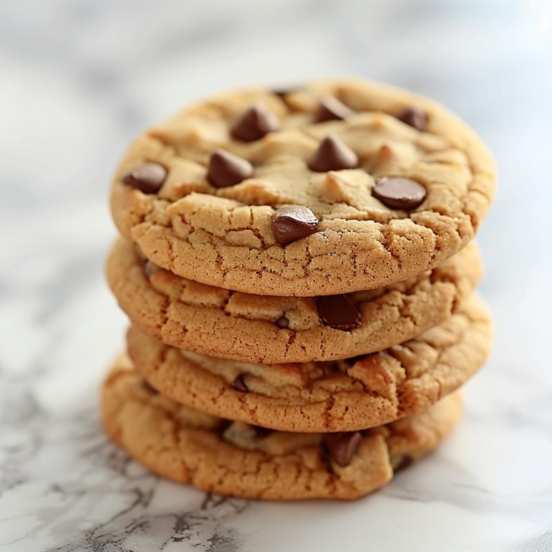 A close-up view of three stacked chocolate chip cookies on a white marble surface, showcasing their texture and golden-brown color.
