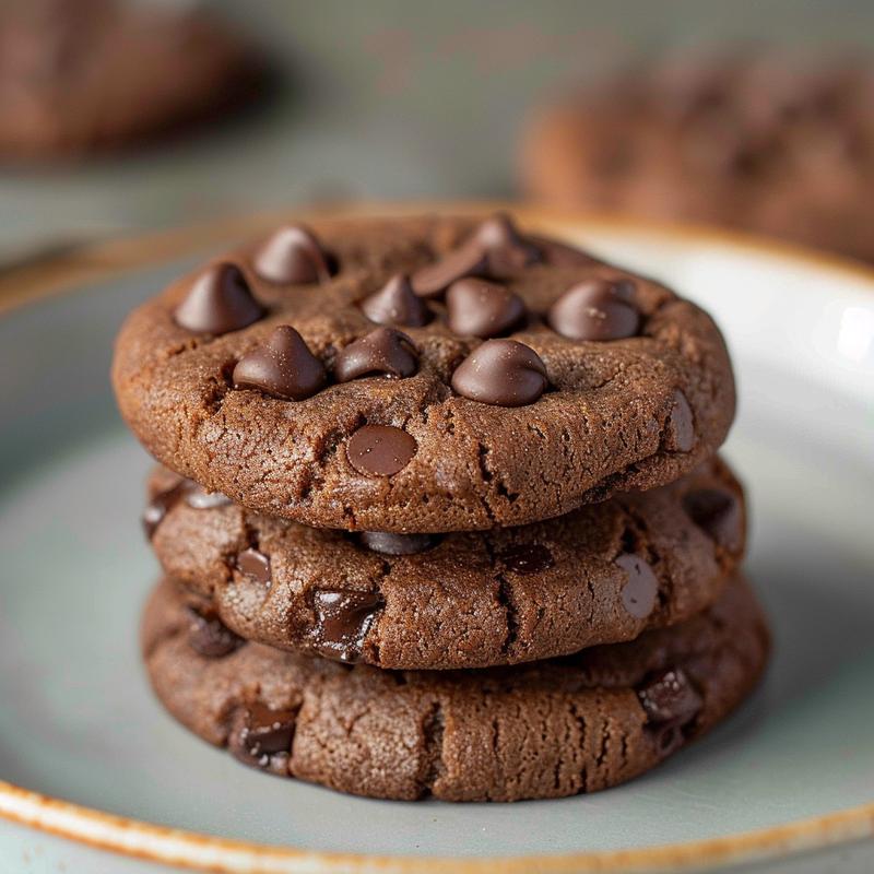 A close-up view of three stacked vegan double chocolate chip cookies on a light grey plate.