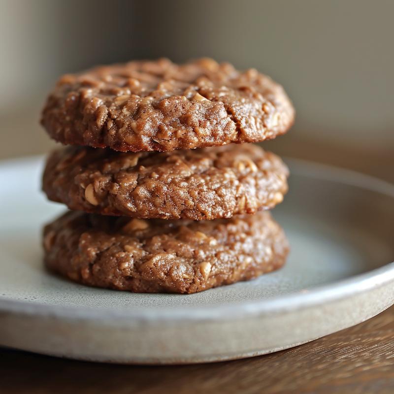 A close-up view of three healthy no bake chocolate peanut butter cookies stacked on a light grey ceramic plate.