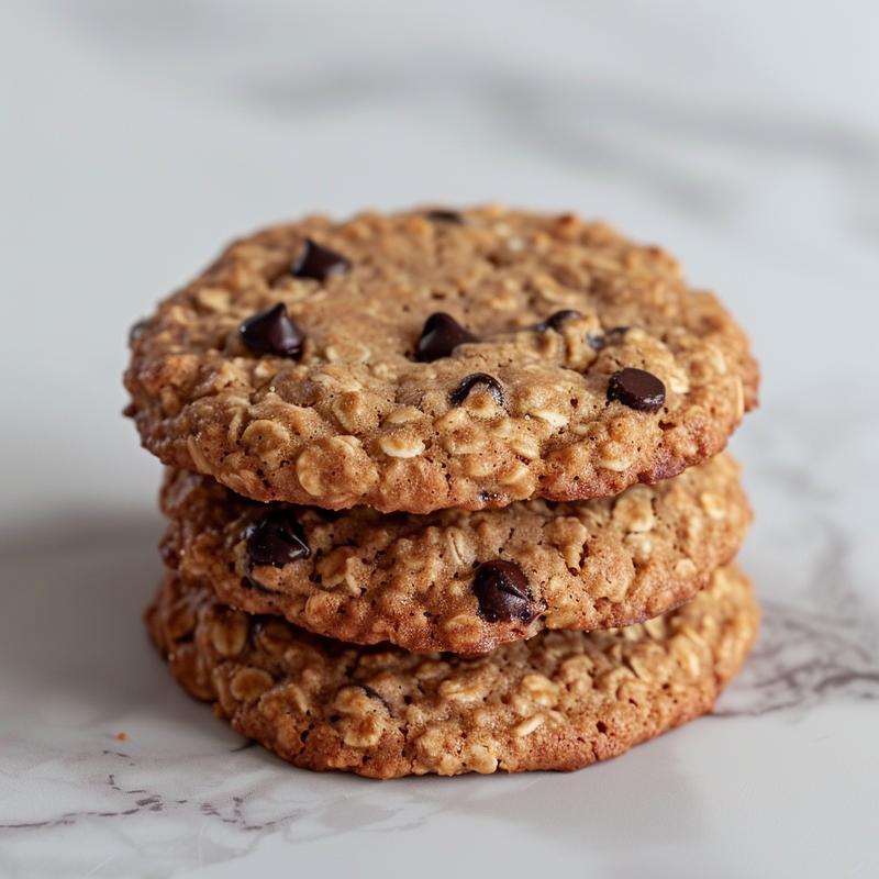 Close-up of three stacked oatmeal chocolate chip cookies on a white marble surface.