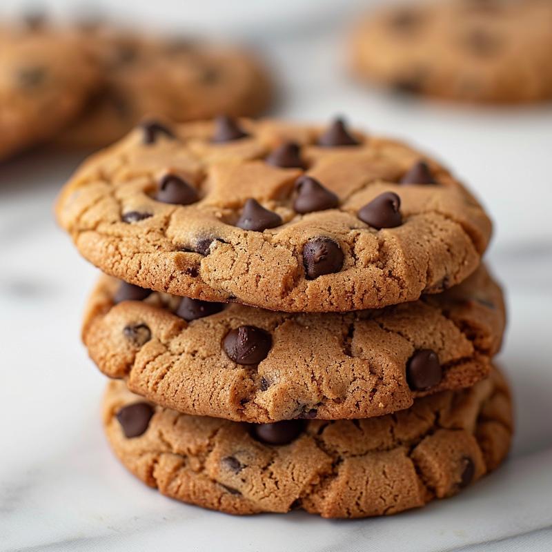 A close-up view of three gluten-free chocolate chip cookies stacked on a white marble surface.