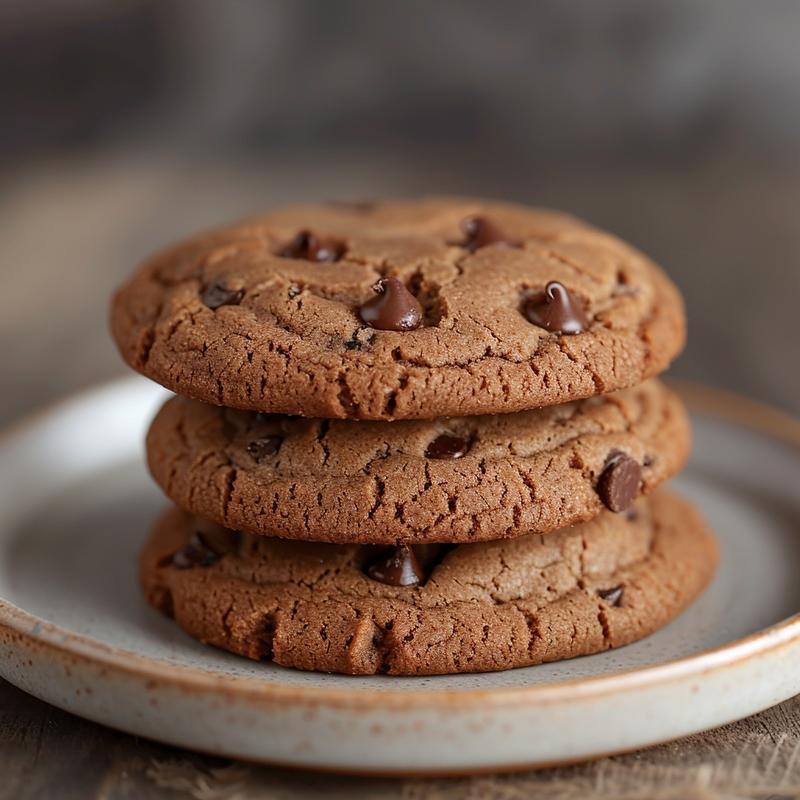 A close-up of three gluten-free double chocolate chip cookies on a light grey plate.