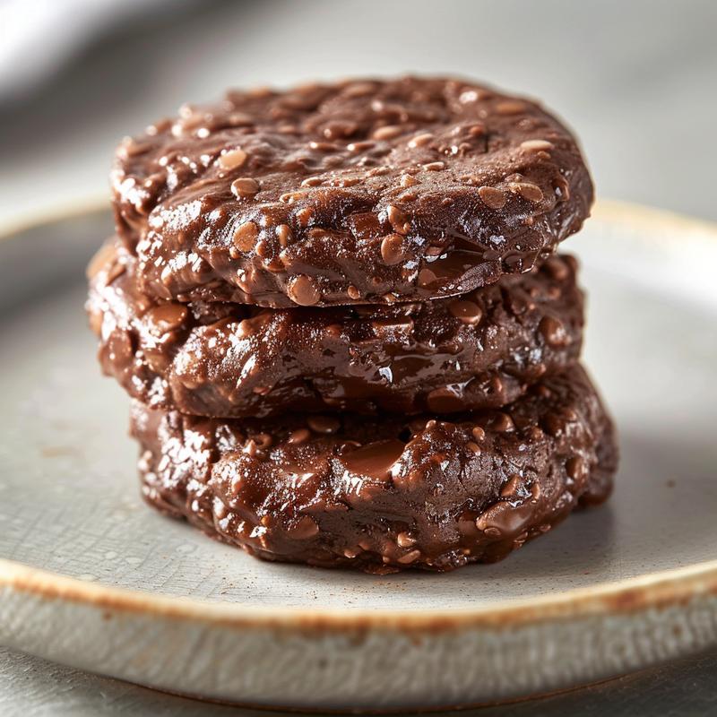 A close-up of three chocolate no bake cookies stacked on a light grey plate.