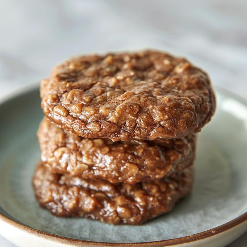 Close-up of three refined sugar-free no-bake cookies stacked on a light grey ceramic plate.