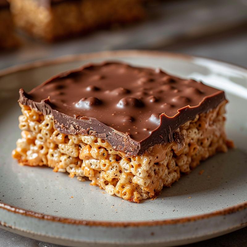 A close-up of a slice of no bake rice krispies cookie with peanut butter and chocolate on a light grey plate.