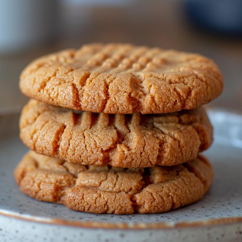 A close-up of a stack of three golden brown peanut butter cookies on a light grey ceramic plate.