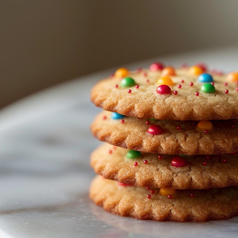 A close-up of three stacked Christmas lights sugar cookies decorated with royal icing on a marble surface.
