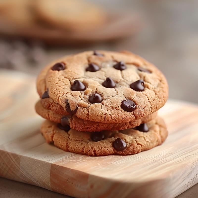 A close-up of a stack of three chocolate chip cookies on a wooden board, showing their texture and golden-brown color.