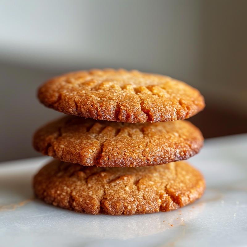 A close-up view of three stacked magic keto cookies on a white marble surface, showcasing their texture and color.