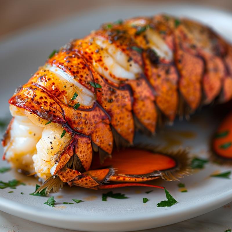 Close-up of perfectly baked lobster tails on a light grey ceramic plate.