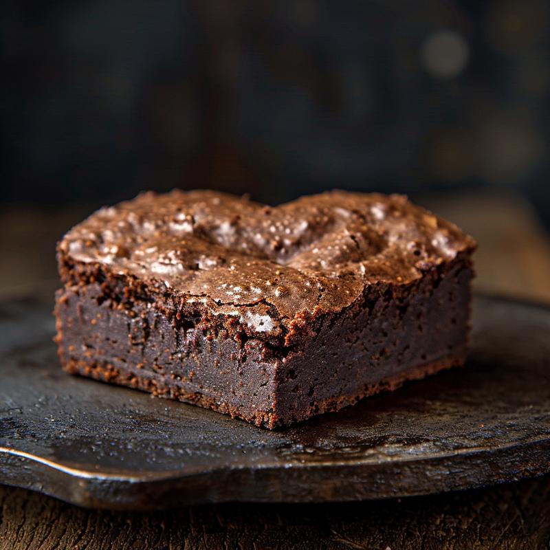 Close-up of heart-shaped brownies on a cast iron surface, showcasing rich textures and dark chocolate color.