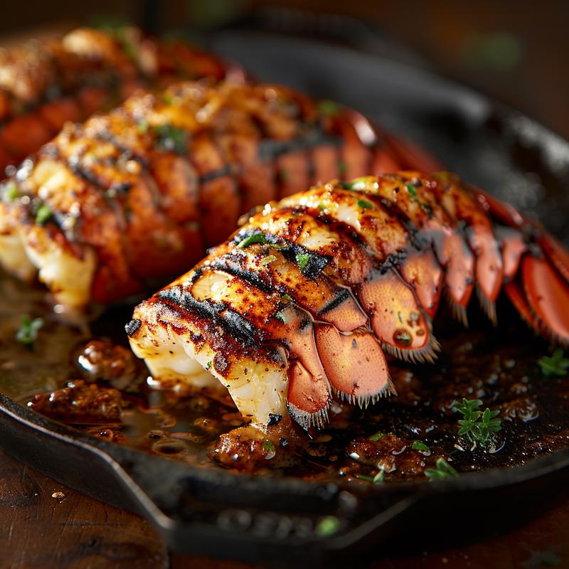 Close-up of grilled lobster tails with charred edges on a rustic cast iron surface.