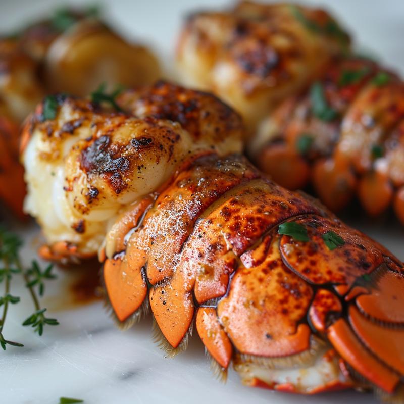 Extreme close-up of cooked lobster tails with a glossy finish on a white marble surface.