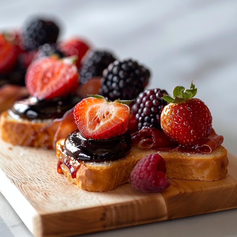 Close-up of a Valentine dessert charcuterie board featuring chocolates, fruits, and pastries arranged on a wooden board.