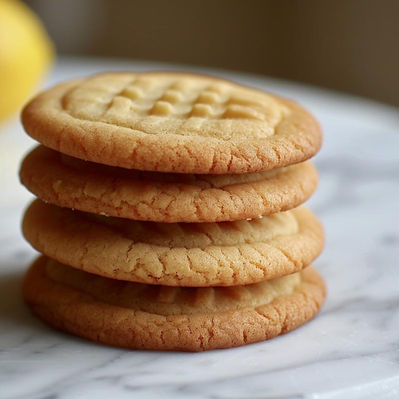 A close-up view of three soft and chewy lemon cookies stacked on a white marble surface.