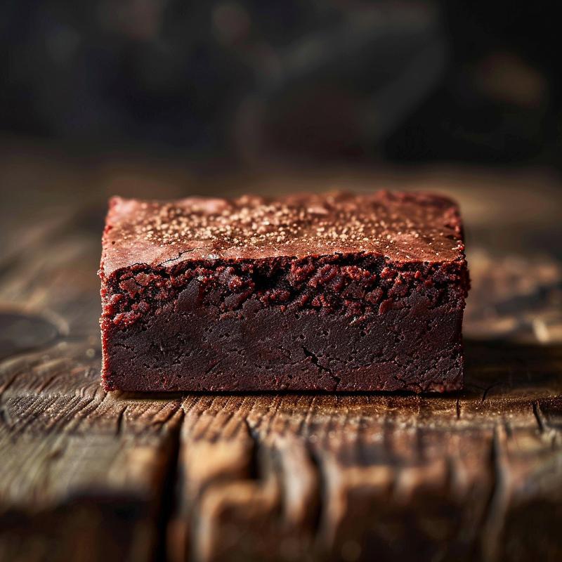 Close-up of rich red velvet brownies on a dark wooden table, highlighting their texture and color.