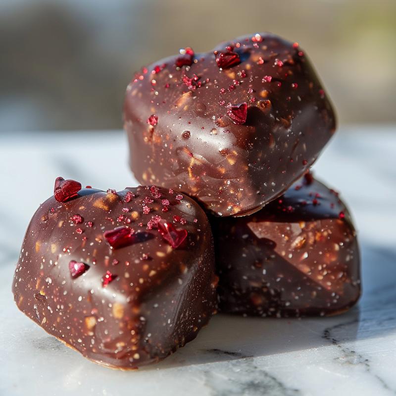 A close-up view of 10 colorful and decadent Valentine's Day treats arranged on a white marble surface.