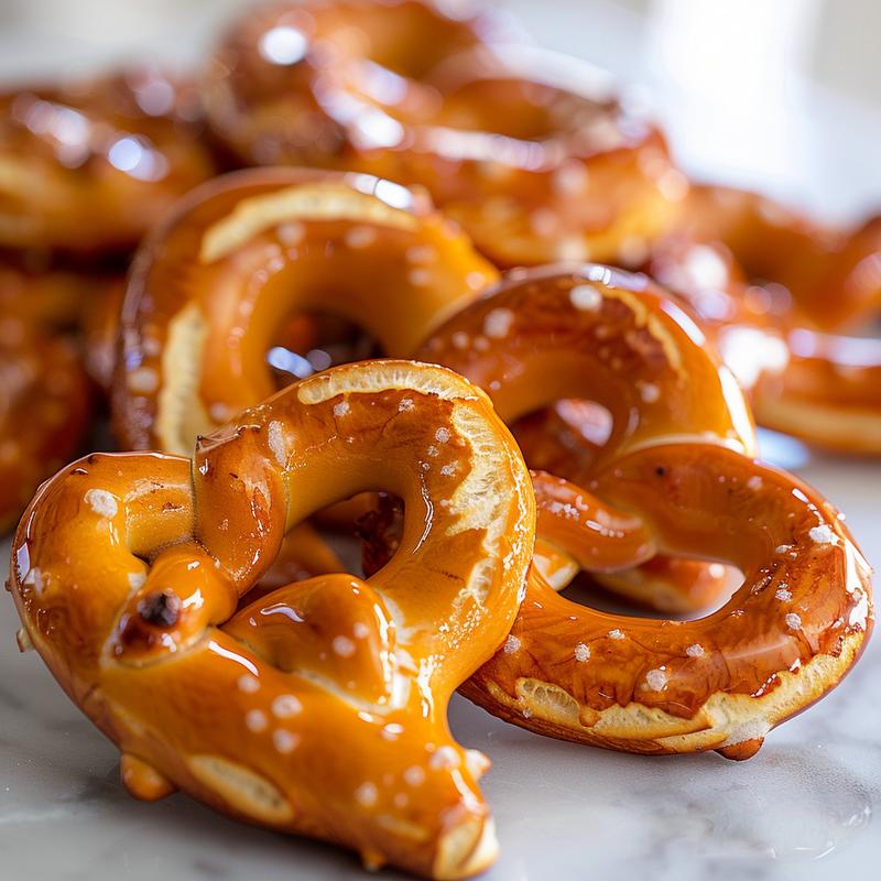 Close-up of heart-shaped pretzels on a white marble surface, showcasing a glossy finish.