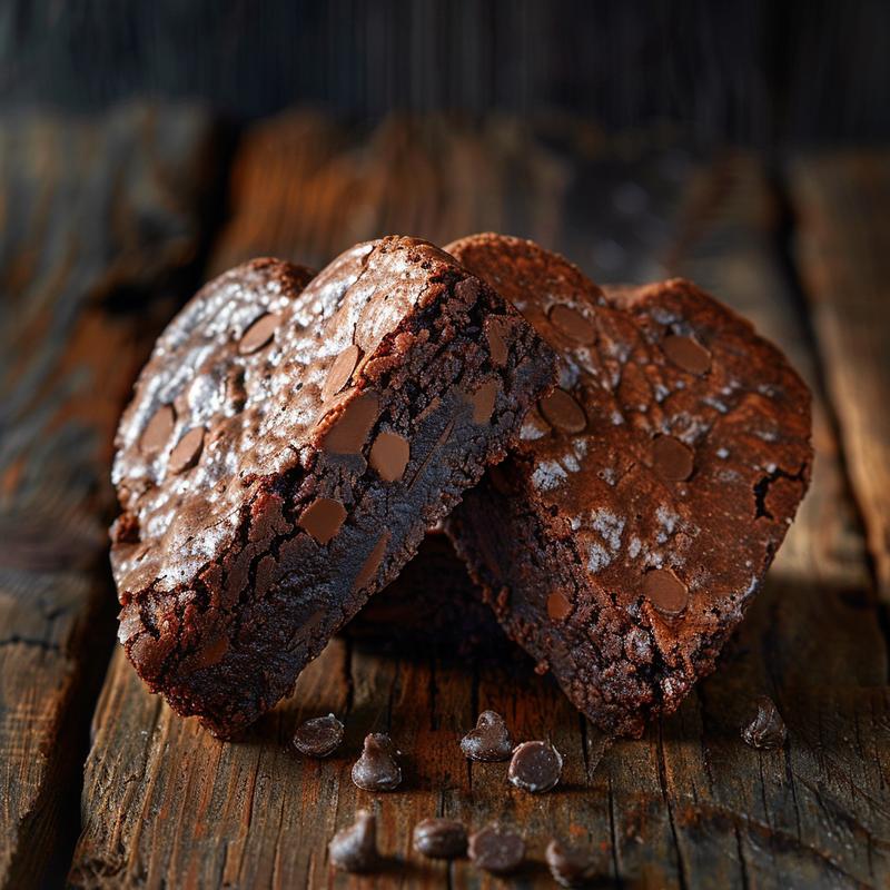 Close-up of a portion of dipped heart brownies on a rustic wooden table with dramatic lighting.