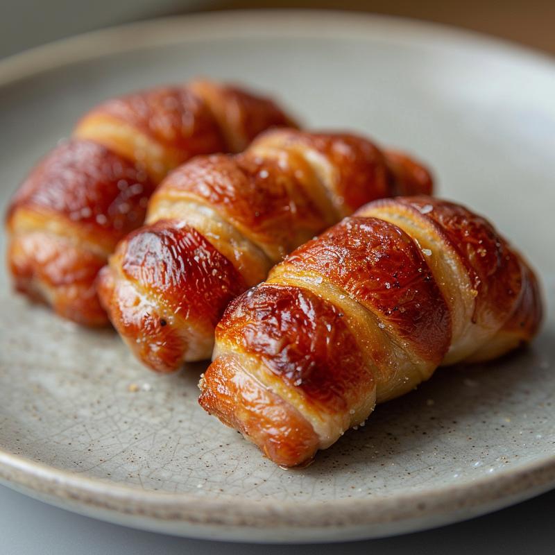 Close-up view of pigs in a blanket on a light grey ceramic plate.
