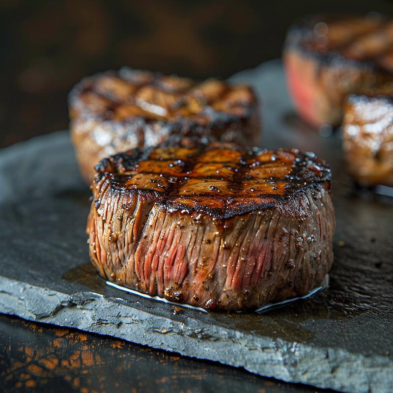 Close-up of a perfectly grilled filet mignon on a rustic slate plate.