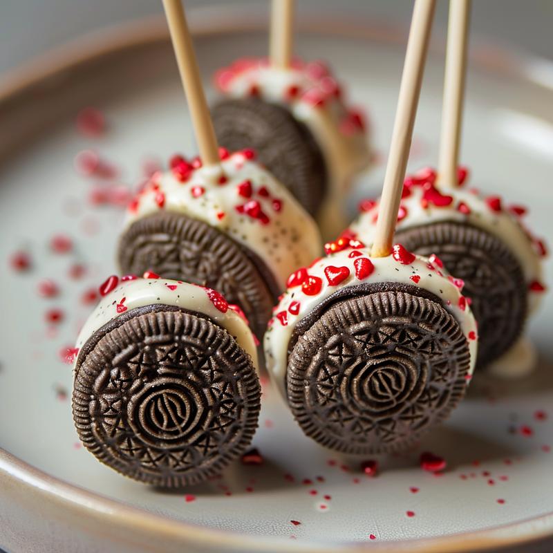 Close-up of Valentine's Day Oreo pops on a light grey ceramic plate, showcasing their texture and decoration.