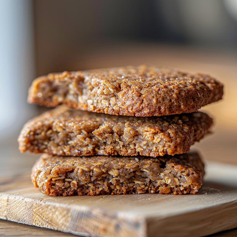 Close-up of three keto sugar free oatmeal cookies on a wooden board.