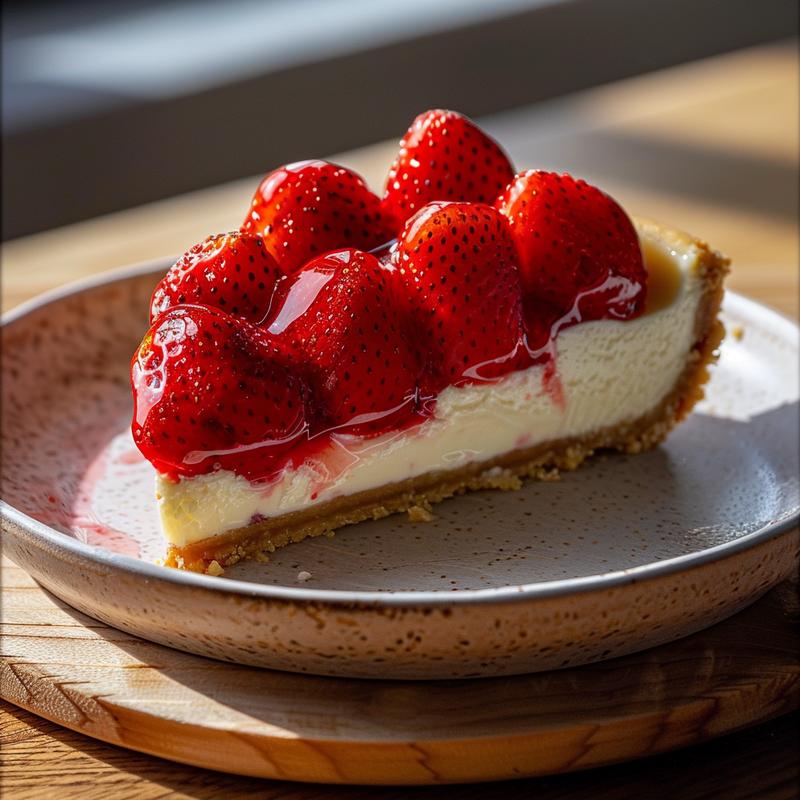 Close-up of halved strawberries filled with creamy cheesecake on a wooden board.