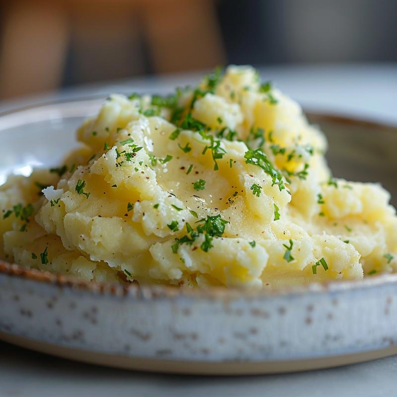 Close-up of creamy mashed potatoes on a light grey ceramic plate.