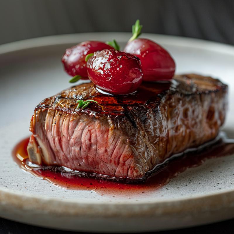 Close-up of a perfectly cooked filet drizzled with red grape juice reduction on a light grey ceramic plate.