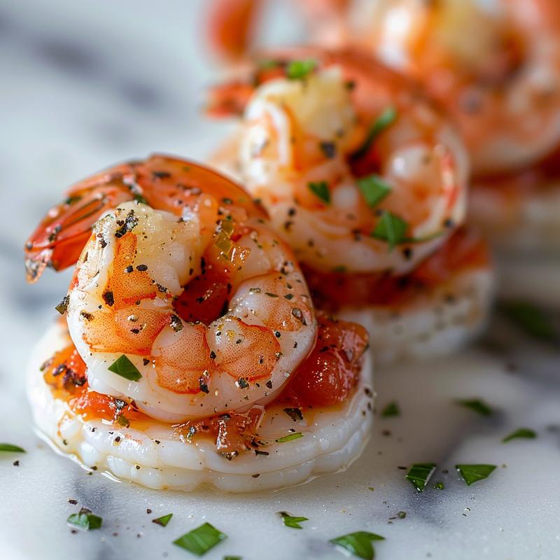 Close-up of a beautifully presented shrimp cocktail in a minimalist style on a white marble surface.