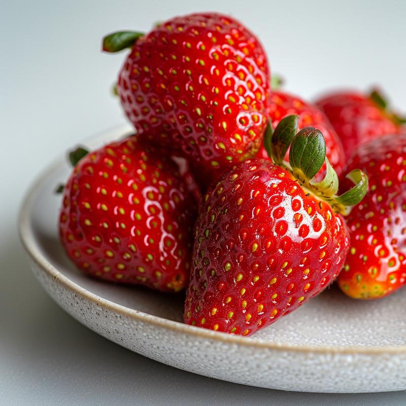 Extreme close-up of strawberry santas on a light grey ceramic plate.