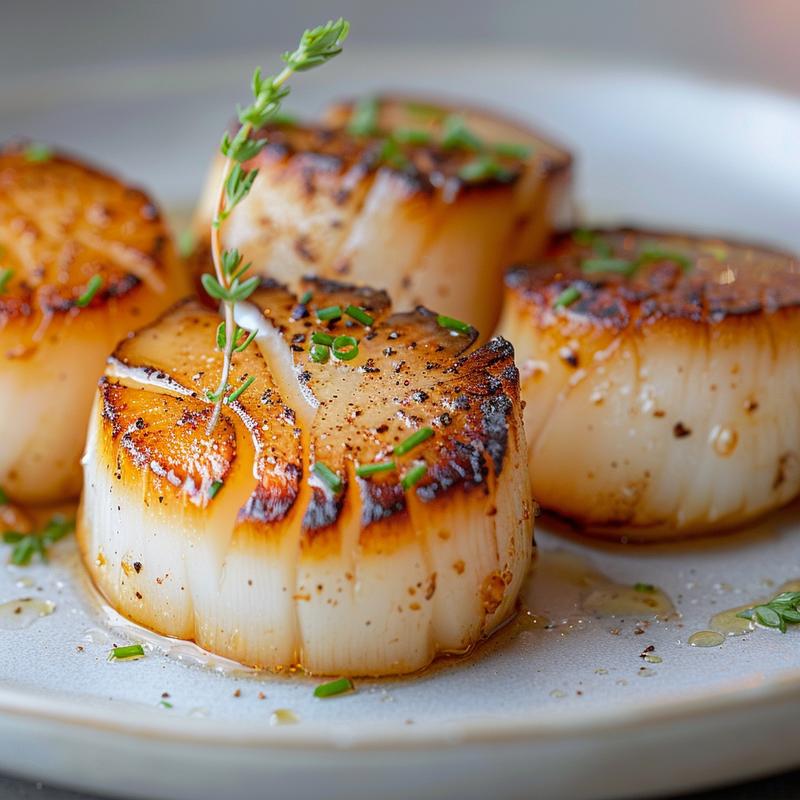 Close-up of perfectly seared scallops on a light grey plate.