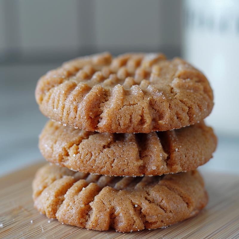 A stack of three low-carb peanut butter cookies on a light wood board.