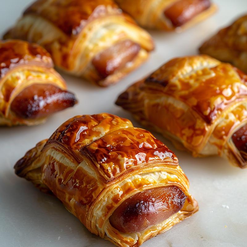 Close-up of flaky puff pastry pigs in a blanket on a marble surface.