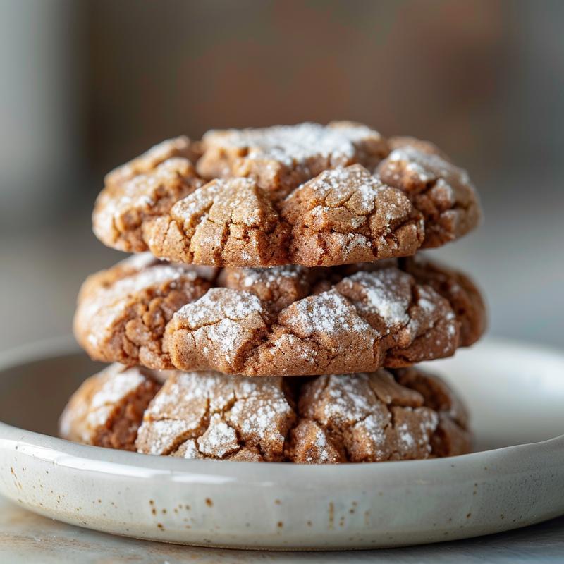 A close-up of three stacked gingerbread chocolate cookies on a simple grey plate.