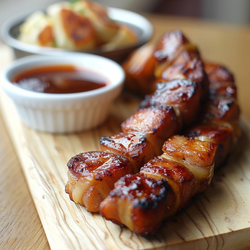 A close-up of a wooden board featuring small bowls of various dipping sauces for pigs in a blanket.