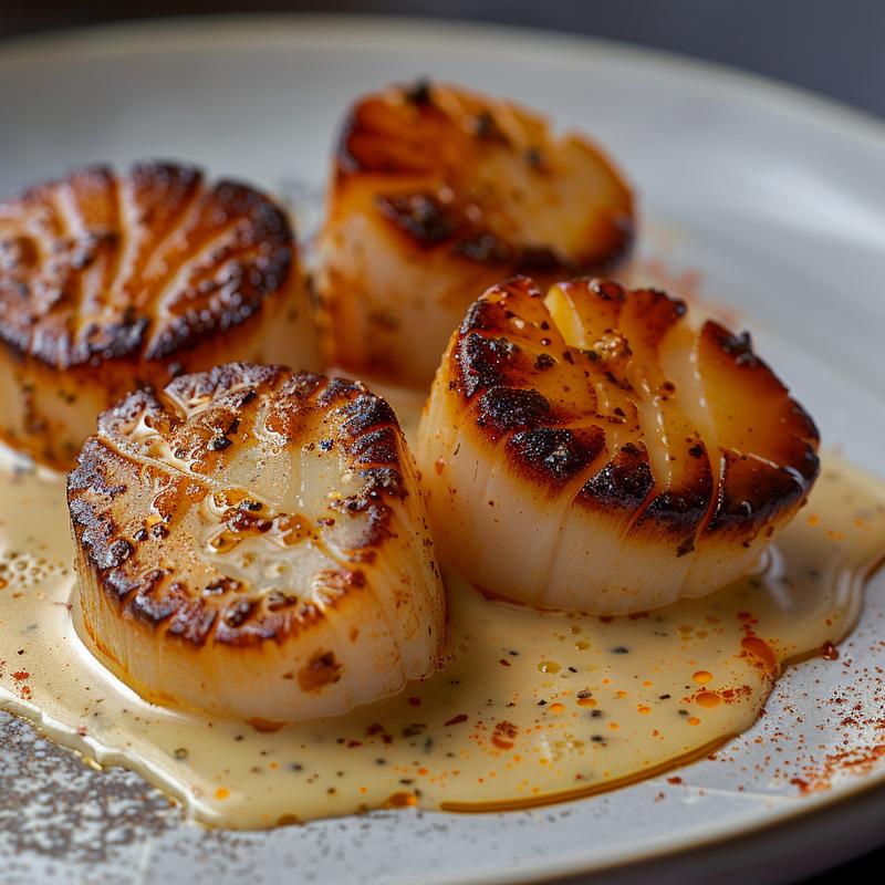 Close-up of seared scallops topped with spicy Cajun cream sauce on a light grey ceramic plate.