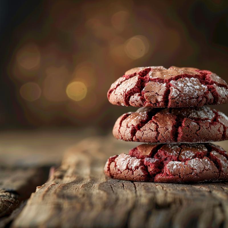 A close-up of three stacked red velvet brownie crinkle cookies on a dark wooden table.