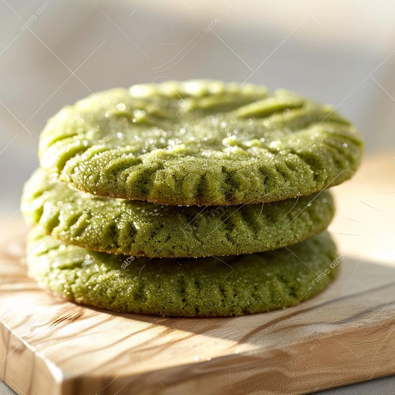 A stack of three freshly baked white chocolate peppermint cookies on a light wooden board, illuminated by natural light.