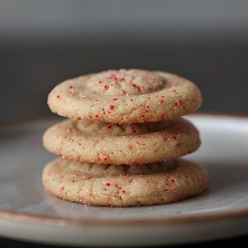 Three classic thumbprint cookies topped with raspberry jam on a light grey plate.