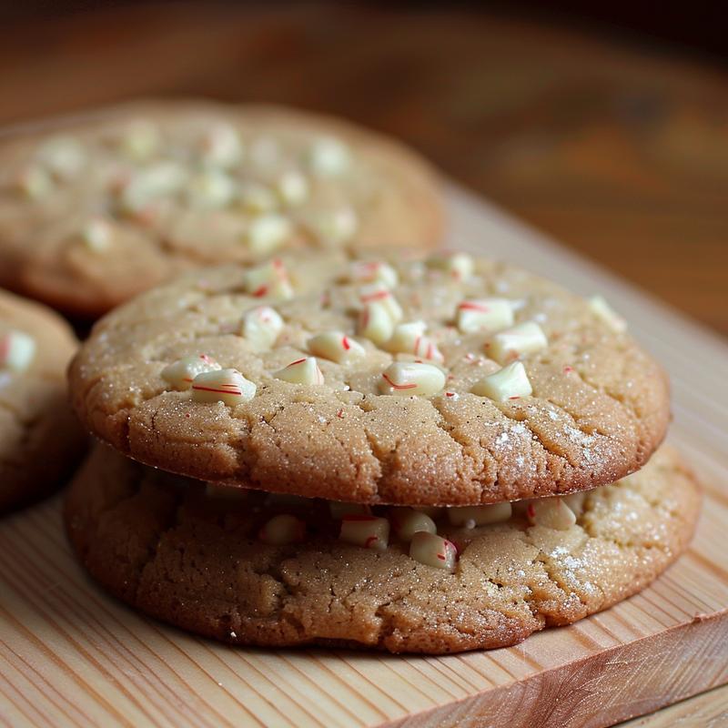 A close-up of three Christmas thumbprint cookies stacked on a light wood board.