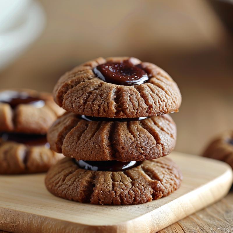 A stack of three thumbprint cookies on a light grey ceramic plate, with a soft focus background.