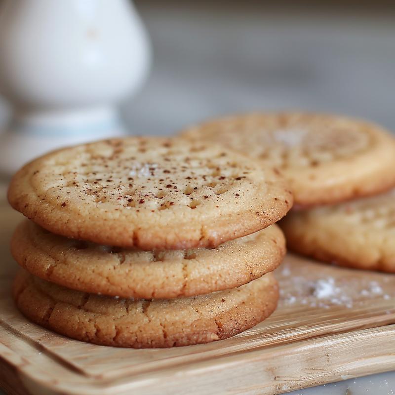 A close-up of three melt mouth eggnog cookies stacked on a light natural wood surface.