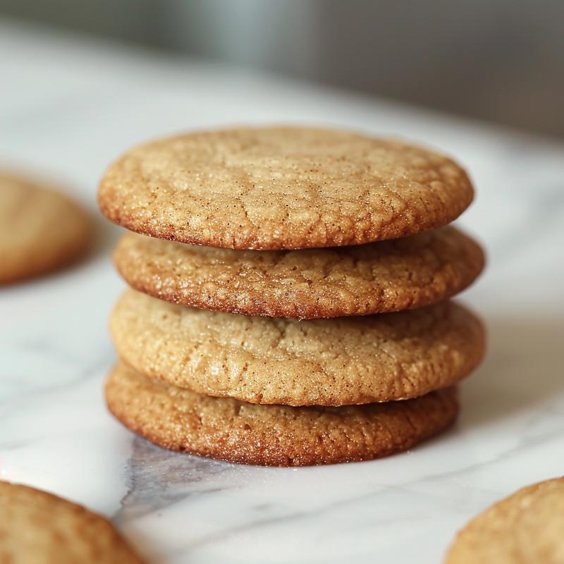 Extreme close-up of three freshly baked eggnog cookies stacked on a white marble surface.